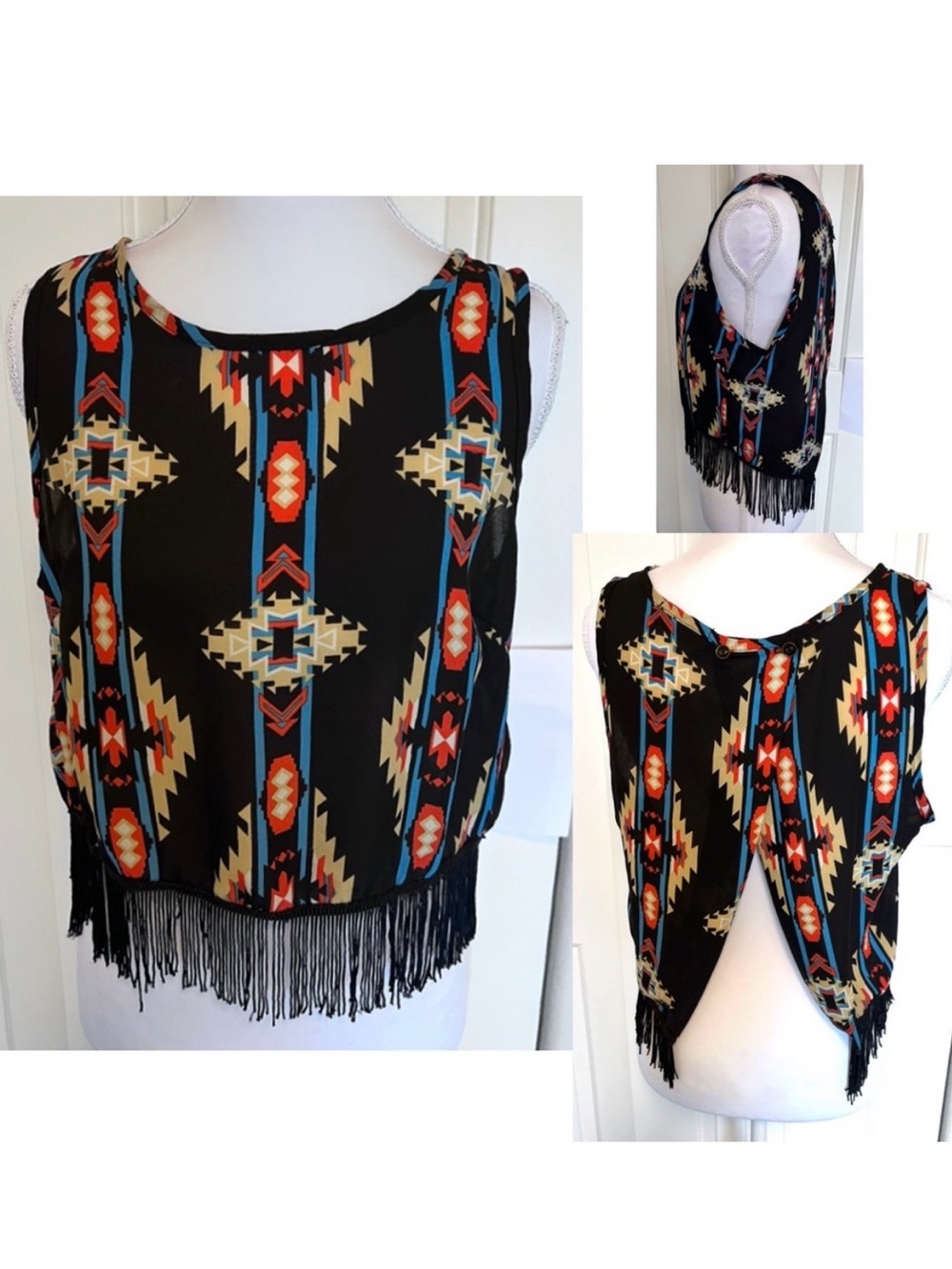 Southwest Print Fringe Sleeveless Top Button back Sz Medium